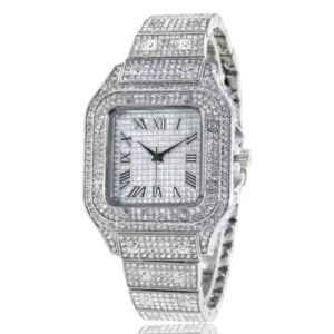 Reloj diamantes plateados esfera cuadrada