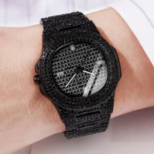Reloj negro banda de acero con diamantes